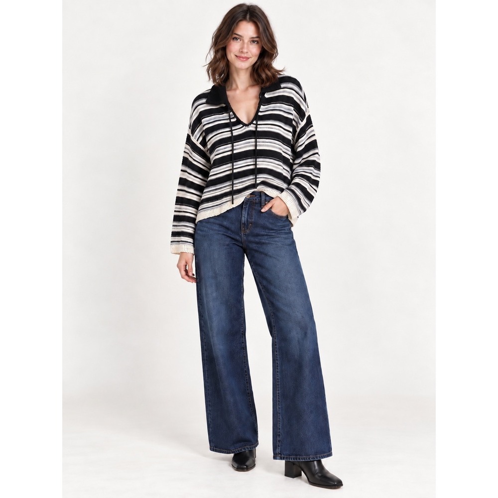 H&M Divided Striped Knit Sweater Large Lace-Up V-Neck Crochet Trim Long Sleeve
